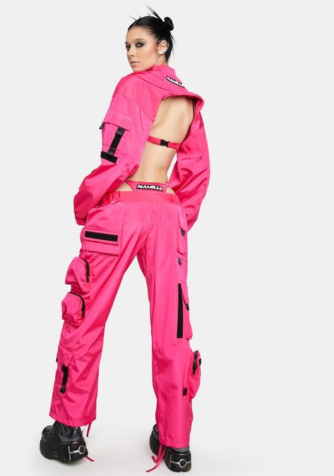 Neon Pink Clothes, Pink Utility Cargo Pants For Streetwear, Pink Cargo Bottoms For Streetwear, Pink Techwear, Succubus Oc, Pink Streetwear Bottoms With Cargo Pockets, Pink Punk Aesthetic, Pink High-waisted Cargo Pants With Side Pockets, Techwear Women