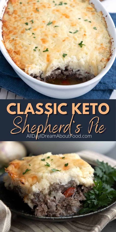 This Keto Shepherd's Pie has a cheesy cauliflower topping and a rich, rosemary scented filling. It's a low carb casserole that lives up to the name comfort food! Hearty and delicious. Keto Shepards Pie, Keto Pot Pie, Carolyn Ketchum, Keto Shepherd's Pie, Low Carb Casserole, Low Carb Comfort Food, Keto Favorites, Shepherd Pie, Keto Casseroles