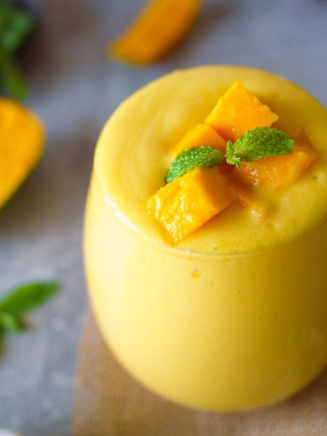 Mango Lassi- Indian Yogurt Drink - yellowthyme Rose Petal Recipes, Indian Yogurt, Yogurt Drink, Perfect Summer Drink, Yogurt Milk, Mango Lassi, Yogurt Drinks, Mango Puree, Summer Drink