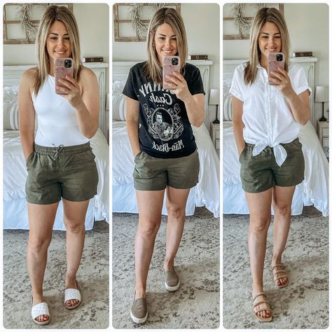 Summer Outfits 40's For Women Casual, Linen Short Outfits Summer, Summer Outfits For Moms Over 30 Trendy, Old Navy Shorts Outfit, Style Linen Shorts, Summer 2024 Mom Outfits, Summer Field Trip Outfit Mommy, Beach Outfit Mom Casual, Mom Zoo Day Outfit Summer