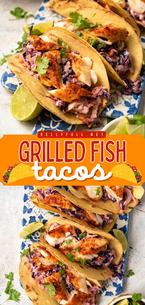 You'll love these easy Grilled Fish Tacos! Incredibly delicious yet healthy, they're the perfect addition to your Memorial Day food ideas and Father's Day dinner. Feel free to use tilapia, cod, mahi mahi, or halibut for this summer grilling recipe! Fish Sandwich With Coleslaw, Halibut Tacos Recipes, Halibut Fish Tacos, Halibut Tacos, Crunchy Coleslaw, Grilled Cod, Grilled Fish Tacos, Healthy And Unhealthy Food, Fried Fish Recipes