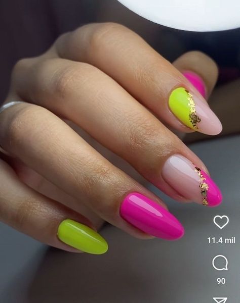 Almond Bright Nails, Cute Neon Nails Short, Almond Neon Nails, Neon Nail Ideas Summer Almond, Simple Neon Nails, Neon Yellow Nails Designs, Neon Nails Ideas, Short Neon Nails, Neon Gel Nails