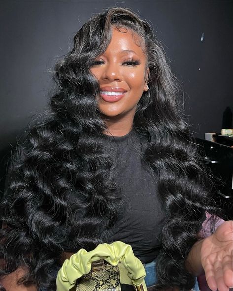 Jet Black Water Wave Wig, Big Hair Black Women Weave, Crimps Hairstyles For Black Women Side Part, Curly Bussdown, Wavy Bundles Sew Ins, Pretty Weave Hairstyles, Crimp Side Part, Side Part Beach Waves Black Women, Long Black Wig Hairstyles