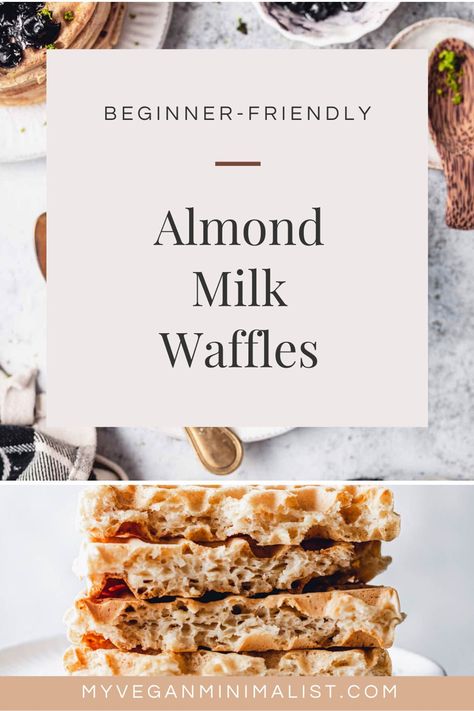 My almond milk waffles recipe is easy and perfect for vegans or anyone on a dairy-free diet. They take just 15 minutes of prep work and have a crunchy, golden outside, but fluffy, airy inside. Can be served with chocolate sauce, banana, or a variety of toppings. With a hint of vanilla, these easy waffles made with almond milk are just waiting for you to taste them! Vegan Waffle Recipe, Quick Vegan Desserts, Easy Waffles, Vegan Breakfast Options, Vegan Minimalist, Super Easy Desserts, Waffles Easy, Vegan Breakfast Easy, Waffles Recipe