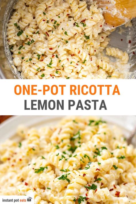 This dish is made with fusilli pasta and a creamy sauce made with buttery garlic, lemon zest and juice, plus equal parts ricotta and Parmesan cheese for an absolutely delicious midweek meal. Get The Recipe Here./instant-pot-dinner-recipes/ Pasta Sauce With Ricotta Cheese, Ricotta Cheese Recipes Dinners, Fusili Pasta Recipes, One Pot Pasta With Ricotta And Lemon, Creamy Lemon Ricotta Pasta, Fusilli Pasta Recipes, Fussili Pasta, One Pot Lemon Ricotta Pasta, Summer Instant Pot Recipes