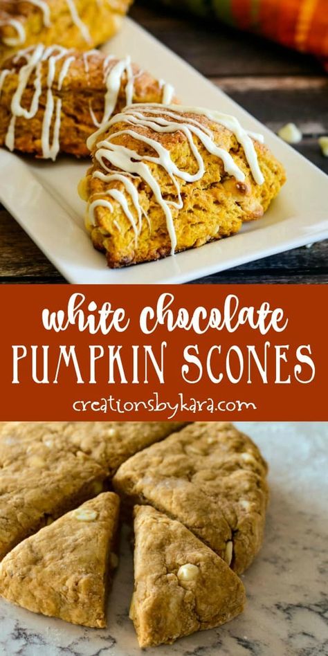 White Chocolate Pumpkin Scones - a perfect fall scone recipe. Loaded with white chocolate, topped with cinnamon sugar, and drizzled with white chocolate, these scones are amazing! #pumpkinsconerecipe #pumpkinscones #whitechocolatepumpkinscones #creationsbykara #sconerecipe White Chocolate Pumpkin Scones, Halloween Scones, White Chocolate Scones Recipe, Fall Scones, White Chocolate Scones, Pumpkin Scones Recipe, Future Chef, Chocolate Scones, Pumpkin Scones