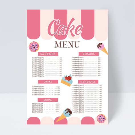 Cake Price List Design, Price List Design Templates, Shop Menu Design, Cake Price List, Menu Cake, Price List Design, Cake Ice Cream, Pink Desserts, Pink Cartoon