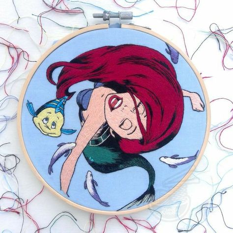 Ariel Hoop, Mermaid Embroidery, The Noodle, Thread Painting, Sewing Embroidery Designs, Disney Crafts, Embroidery Hoop Art, Hoop Art, Embroidery And Stitching