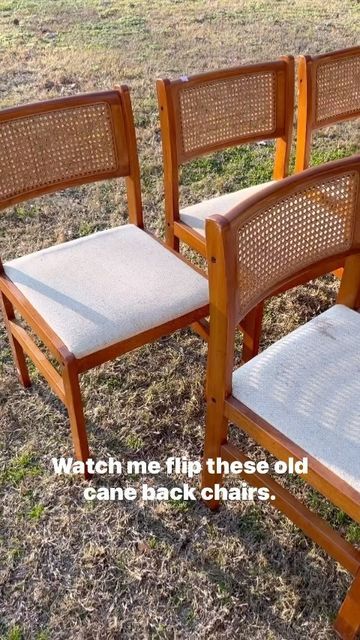 Shelly Chic Boutique on Instagram: "Watch me flip these old cane-back chairs that I bought for $10/each! Let me know what you think!⤵️ Products used (linked in Amazon storefront in bio): • @dewalttough orbital sander • @diablo_tools sand net • sanding block • @rustoleum automotive primer • @behrpaint limousine leather • @generalfinishes topcoat • fabric @amazonhome Be sure to SAVE and FOLLOW for more fun and affordable DIY projects! #diychair #canechairs #furnituremakeover #furnitureflip # Vintage Cane Chair Makeover, Cane Back Chair Makeover, Cane Chairs Painted, Cane Chair Makeover, Chair Restoration, Diy Bff, Upcycle Chair, Cane Back Chairs, Guest Bathroom Remodel