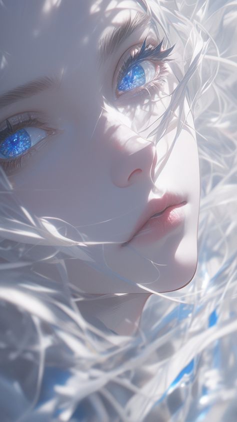 Anime Female With White Hair And Blue Eyes, Girl With White Hair And Blue Eyes, Blue Eyes Fantasy Art, White Hair Blue Eyes Anime Female, Anime White Hair Blue Eyes, Glowing Blue Eyes, White Hair Blue Eyes, Pretty Artwork, Arte Fantasy