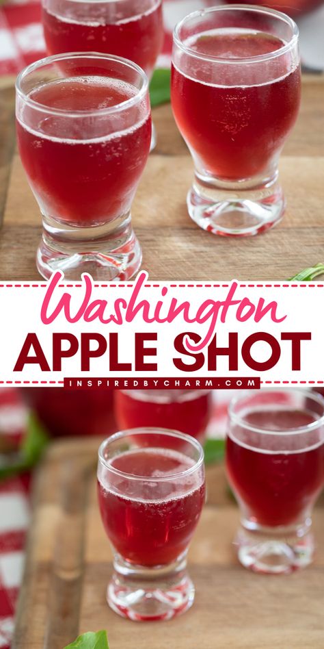 The perfect alcoholic 4th of July drink! Not only is this Washington Apple Shot refreshing with a delicious blend of flavors, but it also has a bold red color. Save this summer cocktail recipe and enjoy this unique shot! Red Medicine Drink First Watch, Cherry Shots, Whiskey Shots Recipes, Red Shots Recipes, Patriotic Drinks Alcohol, Red Shots Alcohol, Washington Apple Shot, Apple Shots, Popular Alcoholic Drinks