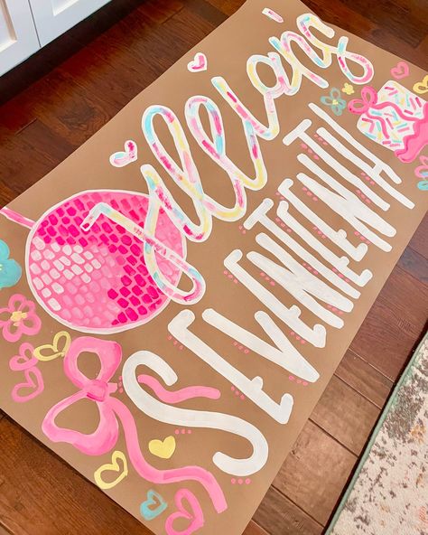 Disco balls never fail to be my favorite ✨🪩🎀 18th Birthday Sign Ideas, Disco Date Party Sorority, Preppy B Day Ideas, 17 Th Birthday Ideas, Painted Banner Ideas, 17 Birthday Ideas, 18th Birthday Banner, Bday Banner, Painted Banners