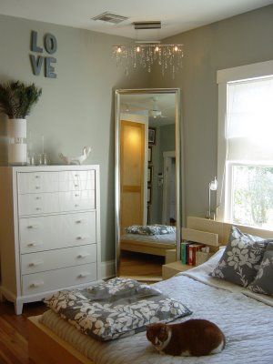 lighting idea for the master bath? Mirror In Bedroom Corner, Mirrored Dresser Bedroom, Luxury Bedroom Ideas Modern, Long Mirror, Tall Mirror, White Fireplace, Transitional Bedroom, Bedroom Corner, Trendy Bedroom