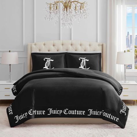 PRICES MAY VARY. 100% Polyester 𝗝𝗨𝗜𝗖𝗬 𝗖𝗢𝗨𝗧𝗨𝗥𝗘 𝗖𝗢𝗟𝗟𝗘𝗖𝗧𝗜𝗢𝗡 – Bring effortless luxury into your bedroom with thius bold and sophisticated Juicy Couture bedding collection. This 3-piece set is as comfortable as it is stylish 𝟯 𝗣𝗜𝗘𝗖𝗘 𝗕𝗘𝗗𝗗𝗜𝗡𝗚 𝗦𝗘𝗧 – The Queen Set includes (1) 90” x 92” comforter and (2) 20” x 26” shams. (sham inserts and decorative pillows sold separately) 𝗧𝗛𝗘 𝗣𝗘𝗥𝗙𝗘𝗖𝗧 𝗛𝗢𝗠𝗘 𝗗𝗘𝗖𝗢𝗥 – These decorative comforter sets add the perfect t Glam Black Bedroom Decor, Black And Silver Bedroom Decor, Gothic Comforter, Black And Silver Bedroom Ideas, Juicy Couture Bedroom, Juicy Couture Bedding, Black And Silver Bedroom, Silver Bedroom Decor, Baddie Room