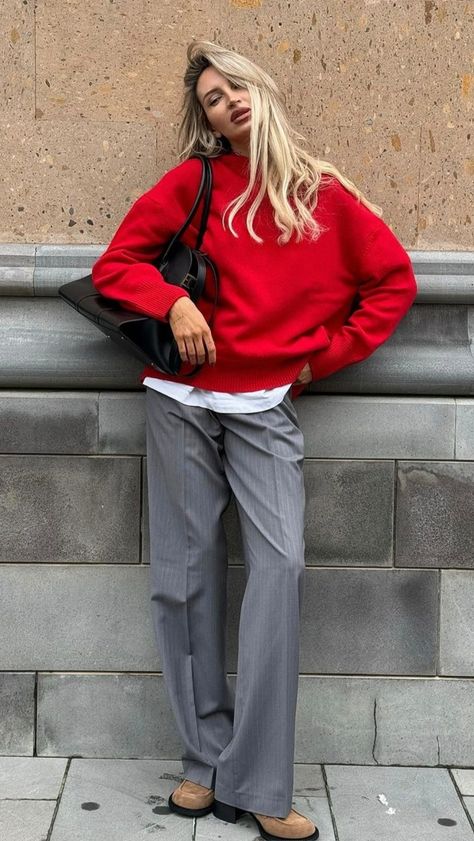 Cozy Outfit At Home, Red Sweater Fall Outfit, Gray Sweater Black Pants Outfit, Red And Grey Outfits For Women, Oversized Red Sweater Outfit, Red Knit Outfit, Gray And Red Outfit, Red Pants Outfit Winter, Red Office Outfit