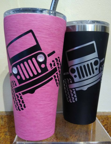 His & hers Jeep tumblers Jeep Cups, Jeep Tumbler Ideas, Jeep Crafts, Jeep Life Decal, Jeep Swag, Jeep Tumbler, Jeep Clothing, Jeep Gifts, Jeep Decals