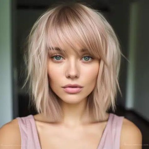 Layered Bob With Fringe Over 50, Short Blonde Bob With Bangs Fine Hair, Medium Choppy Bob With Bangs, Soft Bangs Wispy Short Hair, Shoulder Length Fine Hair With Bangs, Short Hairstyle With Fringe, Short Blonde Hairstyles With Bangs, Short Shoulder Length Hair With Bangs, Shoulder Length Bob Haircut With Bangs