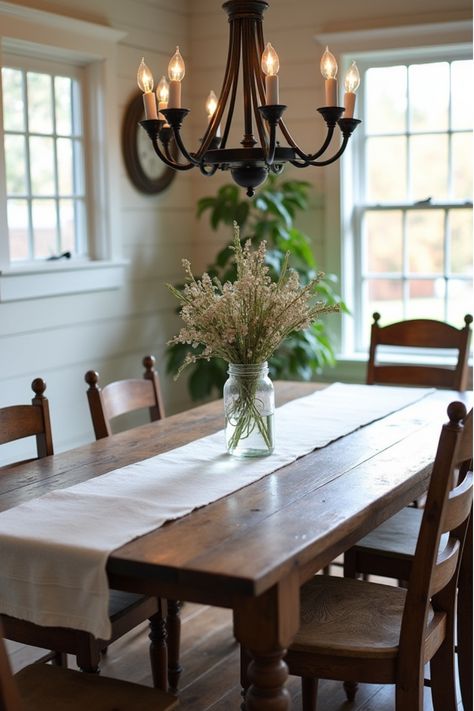 Rustic farmhouse dining room with oak table, flowers, and warm lighting Farmhouse Tabletop, Dream Farmhouse, Rustic Retreat, Cozy Farmhouse, Farmhouse Dining Table, Live Edge Table, Farmhouse Dining Room, Soft Textiles, Farmhouse Dining