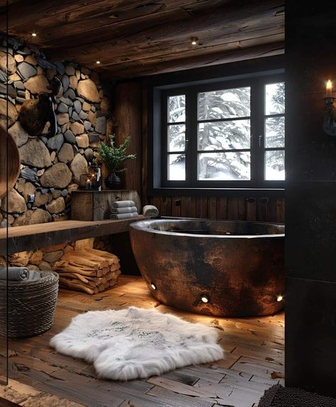 Dark Wood Cabin, Modern Log Cabin Interior, Cozy Mountain Home, Mountain Spa, Lodge Bathroom, Bunk Room Ideas, Antique Wood Stove, Modern Log Cabin, Dark Rooms