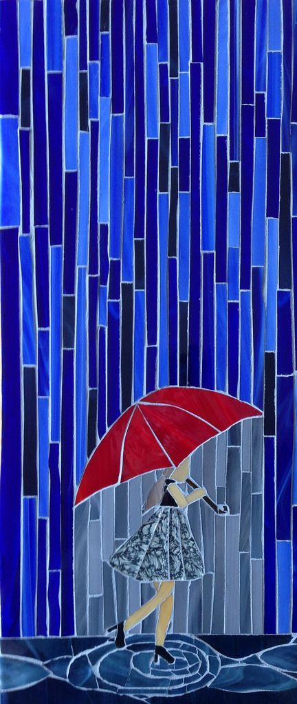 10 x 24 Stained glass mosaic. Woman in a dress walking through the rain with a red umbrella. Stained Glass Umbrella, Pole Inspiration, Woman In A Dress, Easy Mosaic, Stained Glass Mosaic Art, Window Stained, Glass Fusion Ideas, Rain Art, Mosaic Art Projects