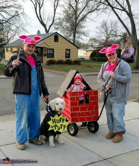 Three Little Pigs and The Big Bad Wolf Costume - Halloween Costume Contest 3 Pigs And Big Bad Wolf Costume, Pig Family Costume, 3 Little Pigs Costume, Three Little Pigs Costume, The Big Bad Wolf Costume, Bad Wolf Costume, Creative Diy Costumes, Big Bad Wolf Costume, Pig Halloween Costume