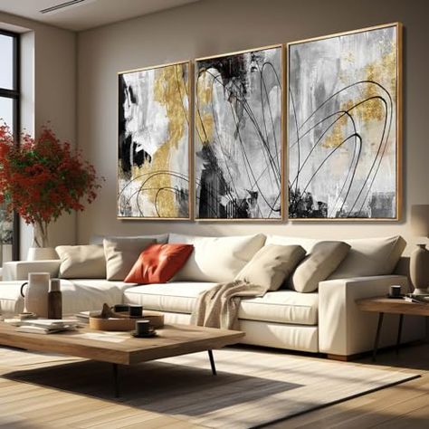 YJYart Gold Wall Art Abstract Wall Art Living Room Decor Black and White Canvas Picture Home Decor Wooden Frame Line Paintings Modern Artwork Office Decor 24"x 36"x 3 Pieces Black Line Painting, Living Room Decor Black And White, Living Room Decor Black, Room Decor Black And White, Black And White Living Room Decor, Abstract Wall Art Living Room, Printing Artwork, Room Decor Black, Painting For Bedroom