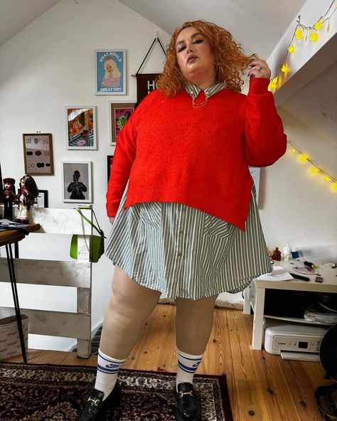 Just an alternative preppy gal in her loft bedroom writing her novels and cursing the patriarchy. ☀️ dress, loafers & coat @asos ☀️ jumper (I have cut up the sides!) @hm ☀️ bag @baggu #plussize #plussizestyle #plussizefashion #fatshion #bodypositivity #plussizeacademia #preppystyle Loft Bedroom, Dopamine Dressing, Indie Y2k, The Patriarchy, Dress Loafers, Quirky Fashion, Bedroom Loft, Fit Ideas, Cut Up