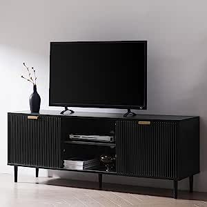 Entertainment Center with Storage Cabinets and Adjustable Shelves Modern Living Room Entertainment Center, Black Tv Console, Fluted Panel, 65 Inch Tv, Tv Console Modern, Black Tv Stand, Tv Stand Designs, Living Room Entertainment Center, Wood Tv Cabinet