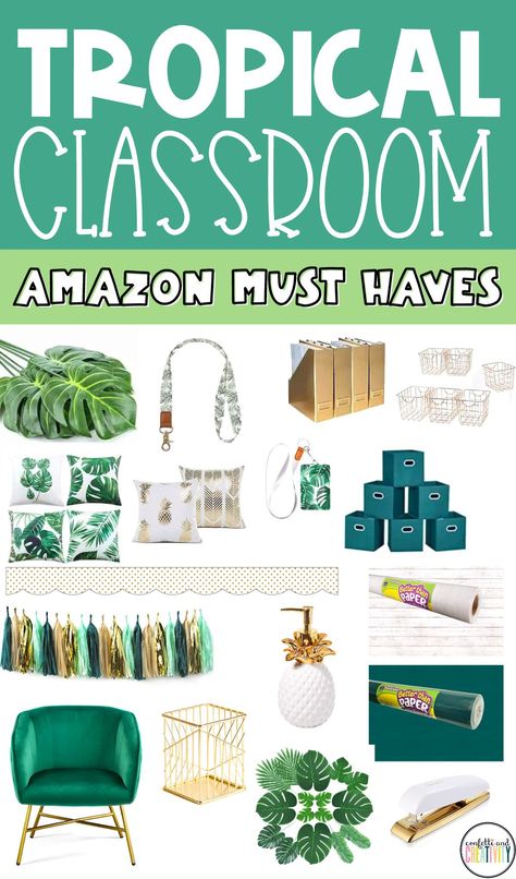 Amazon Rainforest Classroom Decor, Tropical Forest Classroom Theme, Tropical Beach Classroom Theme, Tropical Classroom Decorating Ideas, Island Themed Classroom, Green And Gold Classroom Decor, Dry Erase Board Ideas Classroom, Plant Decor For Classroom, Tropical Classroom Theme Bulletin Boards