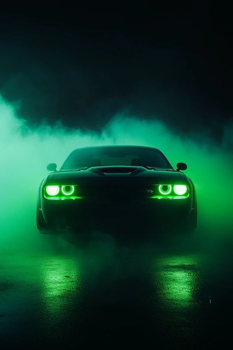 Black Dodge Challenger, Dodge Challenger Black, Dodge Demon, Dodge Challenger Hellcat, Green Lights, Car Silhouette, Hellcat Challenger, Cars And Coffee, The Fog