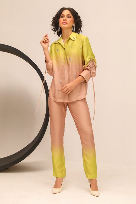 Shop for these amazing collections of Green Brushed Satin Hand Marisa Color Block Shirt With Trouser For Women by Label Deepika Nagpal online at Aza Fashions. Co Ords Outfits, Trouser Pattern, Color Block Shirts, Satin Hands, Simple Pakistani Dresses, Indian Wedding Outfits, Satin Color, Green Pants, Set Outfit