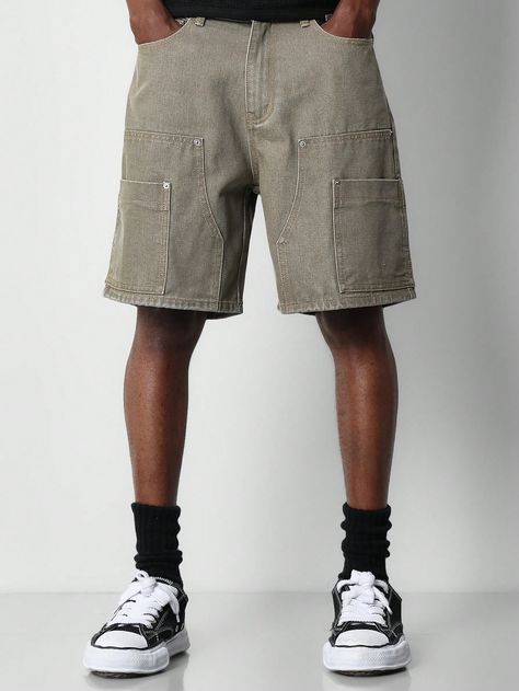 Khaki  Collar  Denim Plain Bermuda Embellished Non-Stretch  Men Clothing Mens Clothing Styles Shorts, Men’s Jean Shorts, Men Jean Shorts Outfits, Carpenter Shorts Outfit, Cargo Shorts Men Outfits, Carhartt Cargo, Carpenter Shorts, Jean Short Outfits, Denim Shorts Outfit