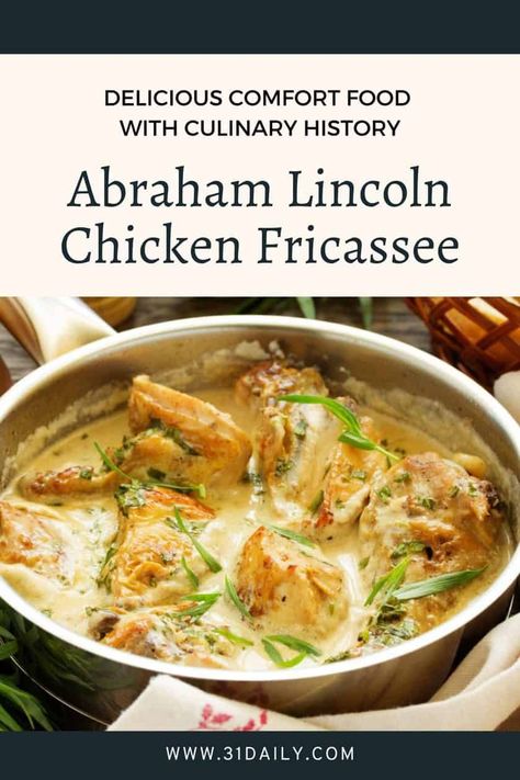 Take a step into history and create this delicious Chicken Fricassee: a favorite dinner recipe of Abraham Lincoln, well known for his love of food and cooking, this chicken recipe is a beloved comfort classic skillet chicken recipe that is easy to make at home. It’s the ultimate comfort food. A one-pot skillet dinner with tender seasoned chicken and simmered in a luscious creamy sauce. Chicken Fricassee Recipe, Chicken Fricasse Recipe, 31 Daily, Chicken Fricassee, Chicken Skillet Recipes, Favorite Recipes Chicken, Seasoned Chicken, Favorite Dinner, Daily Recipes