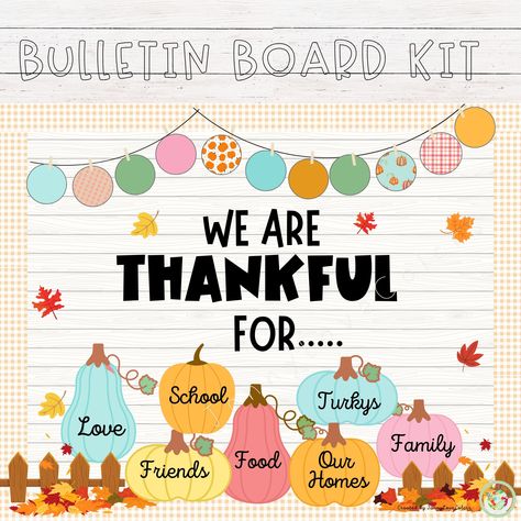 Thankful Bulletin Board Ideas For School, Give Thanks Bulletin Board Ideas, Fall School Bulletin Boards Elementary, Thankful Bulletin Board Ideas, Gratitude Bulletin Board, Daycare Decorations, White Bulletin Board, November Decor, Door Decor Classroom