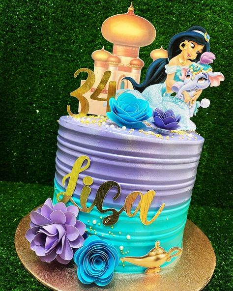 Bolo da Jasmine: +35 ideias para a festa da sua princesa Princess Jazmin Cakes, Jasmine Princess Cake, Princess Jasmine Birthday Party Cake, Princess Jasmine Cake Ideas, Jasmine Cake Ideas, Princess Jasmine Birthday Cake, Jasmin Cake, Aladdin Birthday Cake, Jasmine Birthday Cake