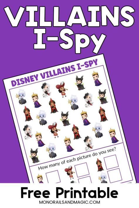 This free printable Disney Villains I-Spy activity includes images of popular villains. Find them, count them, then record how many. Disney Day Preschool, Disney Printables Free, Craft Toddler, Disney Eyes, Toddler Projects, Disney Camping, I Spy Games, Disney Printables, Free Printable Activities