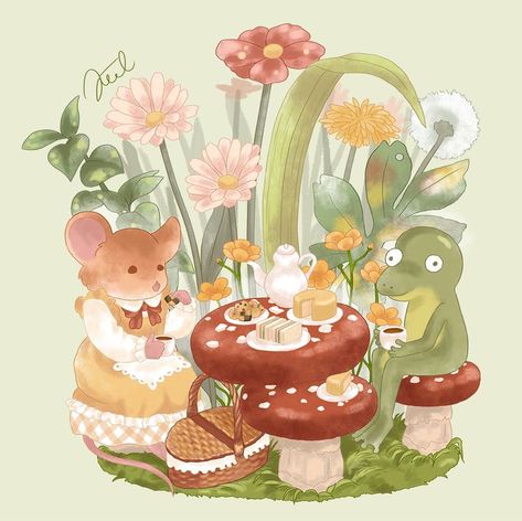 Mouse Tea Party, Frog Tea Party Drawing, Frog Tea Party, Animal Tea Party, Tea Party Tattoo, Forest Tea Party, Tea Party Drawing, Frog Tea, Adult Tea Party