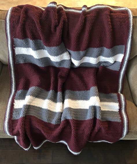 Burgundy Crochet Blanket, Crochet Blanket Bernat, Crochet Blanket Grey, Blue Crochet Blanket, Chunky Crochet Blanket, Bernat Blanket, Crochet Afgans, Blanket Ideas, Tri Colour