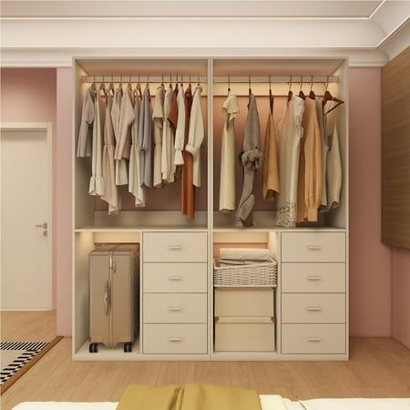 Sophshelter wooden closet system features a modular design, allowing you to tailor the layout to your preferences. Customize by adding or removing shelves and drawers to create the ideal closet organizer for your storage needs. Size: White-304+304. White Wood Wardrobe, Closet Behind Bed, Teen Closet, Closet Small Bedroom, Wooden Closet, Small Bedroom Furniture, Wood Wardrobe, Closet Renovation, Closet Organizing Systems