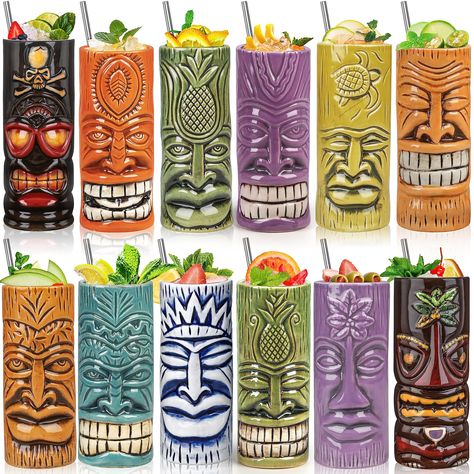 PRICES MAY VARY. SUPERIOR QUALITY : Our Tiki mugs made of pure ceramic, they are heat-resistant, durable, and have a good strength to hold liquids of varying temperatures. Moreover, as the tiki glasses are glazed they are much longer-lasting with their colors intact. FUNNY AND UNIQUE DESIGN: These hand painted and fired large ceramic Tiki cocktail glass very unique, different tiki face will add a touch of fun and elegance to your barware collection or party. GREAT FOR TIKI BAR: Tiki bars and res Tiki Party Ideas, Cocktails Glasses, Tiki Wedding, Tiki Culture, Tiki Glasses, Tiki Faces, Bar Decorations, Tiki Cocktail, Elopement Party