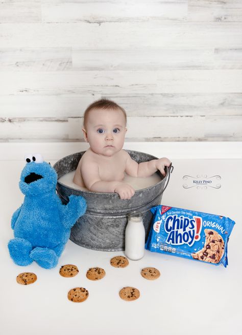 Cowboy Milestone Pictures, Cookie Monster Milk Bath Pictures, Cookie Monster Half Birthday Photoshoot, Cookie And Milk Photoshoot, Cookie Milk Bath Photography, Baby Boy Milk Bath Photoshoot, Cookie Monster Milk Bath, Cookie Monster Half Birthday, Monthly Photo Ideas