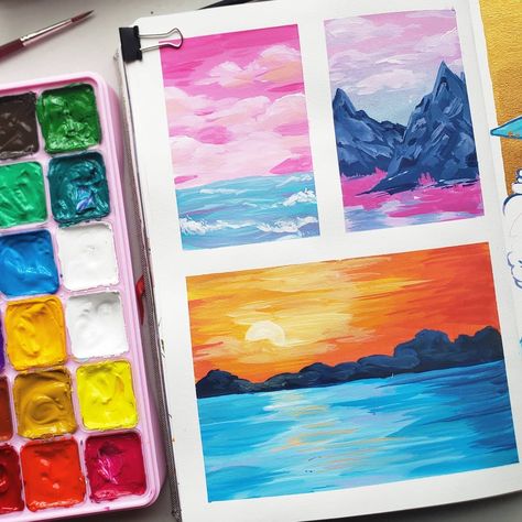 Himi Gouache Art, Gouache Landscapes, Simple Gouache, Painting Vibes, Inspiring Sketches, Gouache Ideas, Himi Gouache, Painting Challenge, Manga Hair