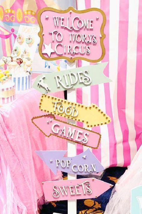 Circus Theme Party Pastel, Unicorn Circus Birthday Party, Pink And Purple Carnival Party, Candy Carnival Party, Princess Carnival Birthday Party, Pink Carnival Birthday Party Decorations, Circus Birthday Banner, Minnie Mouse Circus Birthday, Pink Carousel Birthday Party