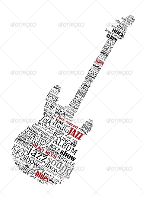 Electric Guitar Shape Composed of Music Text Guitar Typography, Music Text, Musical Design, Disco Songs, Jazz Songs, Heavy Rock, Rock Concert, Studio Album, Logo Icons