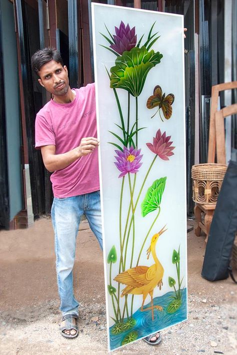 Artisan displaying his work of art as glass decoration. Glass Painting Designs Window, Glass Work Interior, Main Door Glass Design, Glass Film Design, Mirrored Furniture Decor, Glass Partition Designs, Glass Etching Designs, Window Glass Design, Etching Designs