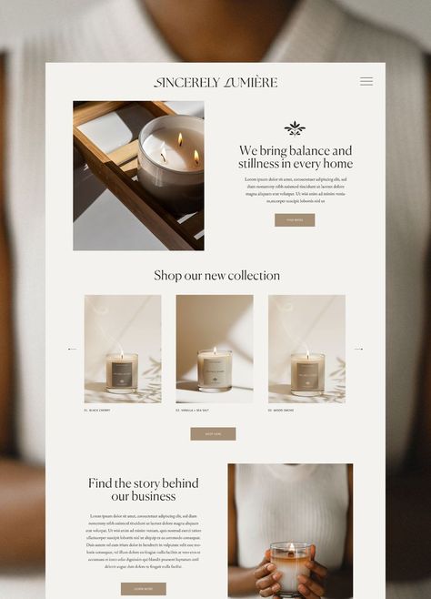 Service Package Design, Candle Business Website, Fragrance Website Design, Website Minimalist Design, Candles Website Design, Candle Website Design Inspiration, Candle Website Design, Brown Website Design, White Website Design