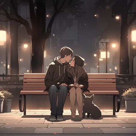 "Amid the bustling college campus, a couple finds solace and togetherness on a quiet bench, sharing a moment of solitude." Anime Couple Sitting, Bench Illustration, Couple Sitting Together, College Couple, Bench Drawing, College Couples, Manga Ideas, Couple Sitting, Couple Painting