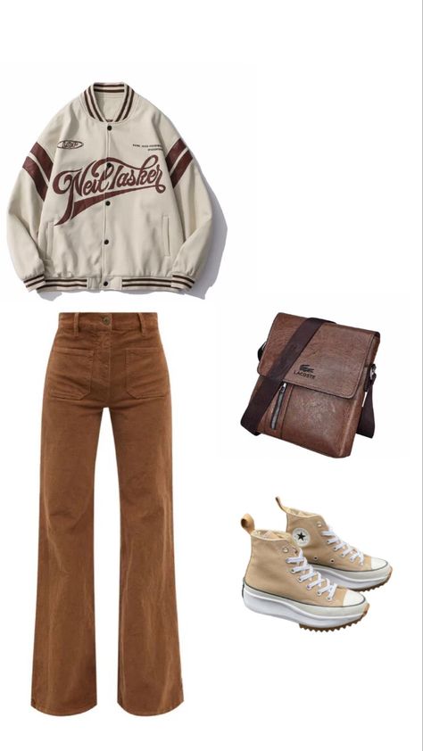 #outfits #outfitideas #brown #converse #varsityjacketoutfit #lacoste #flared #jeans Brown Converse, Varsity Jacket Outfit, Flared Jeans, Converse