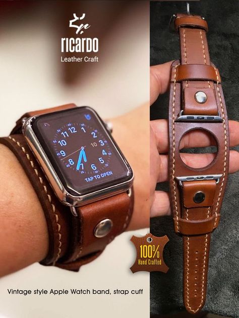 Leatherworking For Beginners And Experts | Vintage style Apple Watch band, strap cuff | Facebook Style Apple Watch, Apple Watch Leather Strap, Diy Leather Projects, Leather Crafts, Leather Watch Strap, Leather Projects, Leather Diy, Apple Watch Band, Watch Case