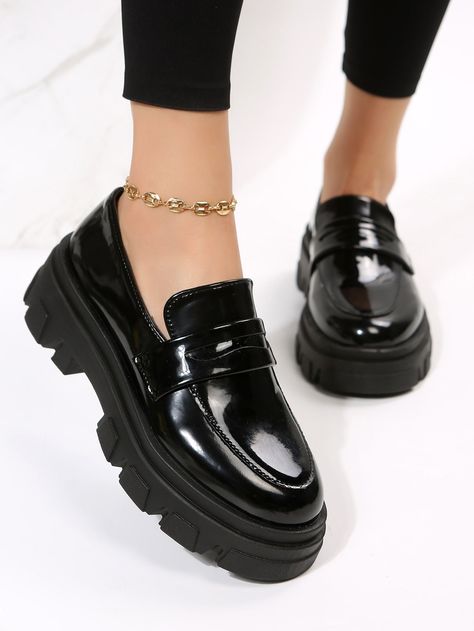 Black Punk Collar   Plain Loafers Embellished   Women Shoes Flatform Shoes, Women Wedges, Black Punks, Womens Wedges, Mid Heel, Penny Loafers, Shoes Black, Black Heels, Black Shoes